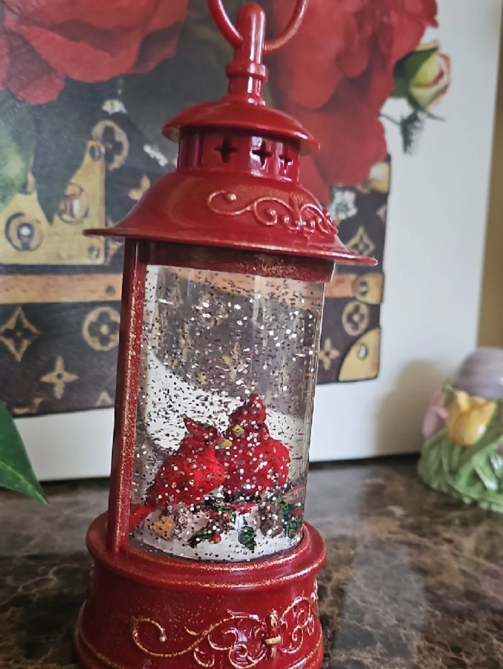 Red Cardinals Decorative Lantern Snow Globe Accent - Brand New Battery Operated